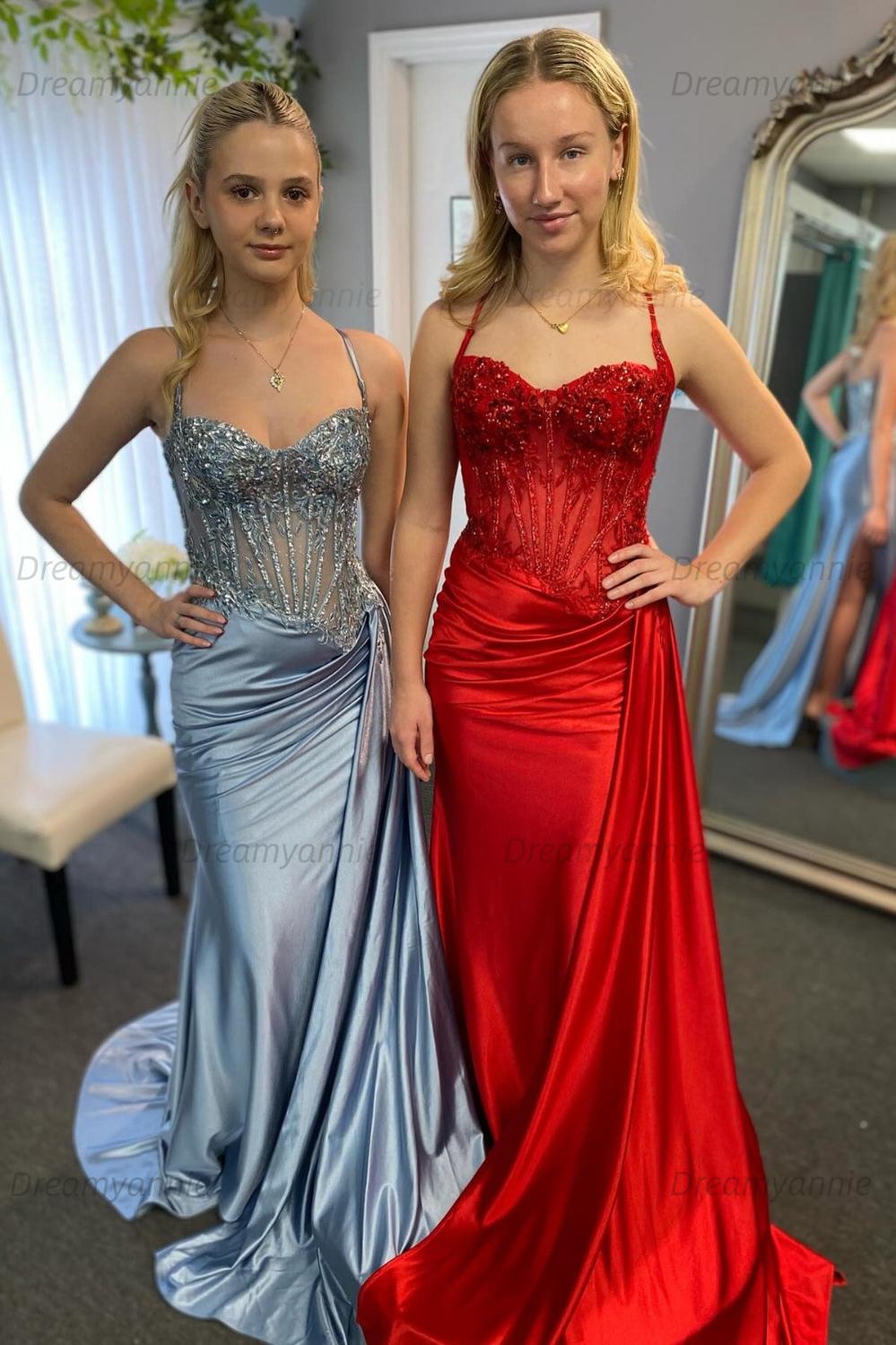 Corset Sequined Prom Dress Satin Appliqued Long Evening Dress With Slit