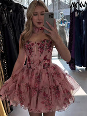 Corset Strapless A Line Short Homecoming Dress with Ruffles