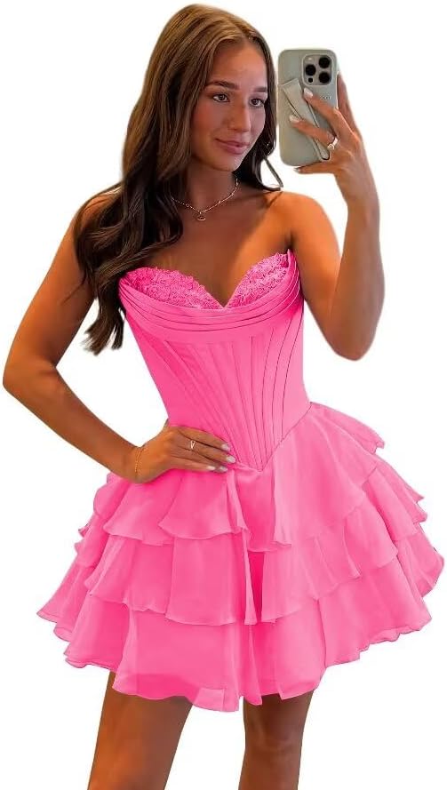 Corset Tiered A Line Homecoming Dresses Chiffon Short Cocktail Dresses