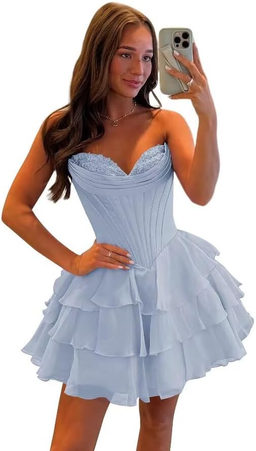 Corset Tiered A Line Homecoming Dresses Chiffon Short Cocktail Dresses
