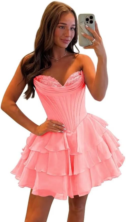 Corset Tiered A Line Homecoming Dresses Chiffon Short Cocktail Dresses