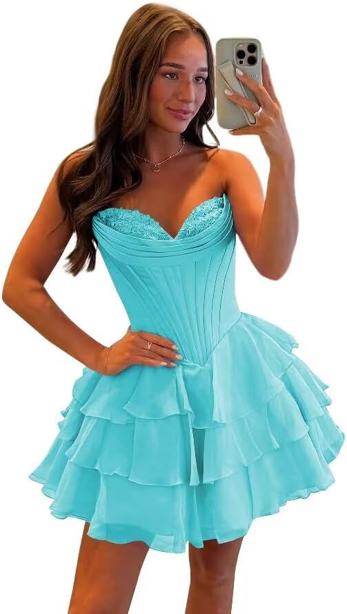 Corset Tiered A Line Homecoming Dresses Chiffon Short Cocktail Dresses
