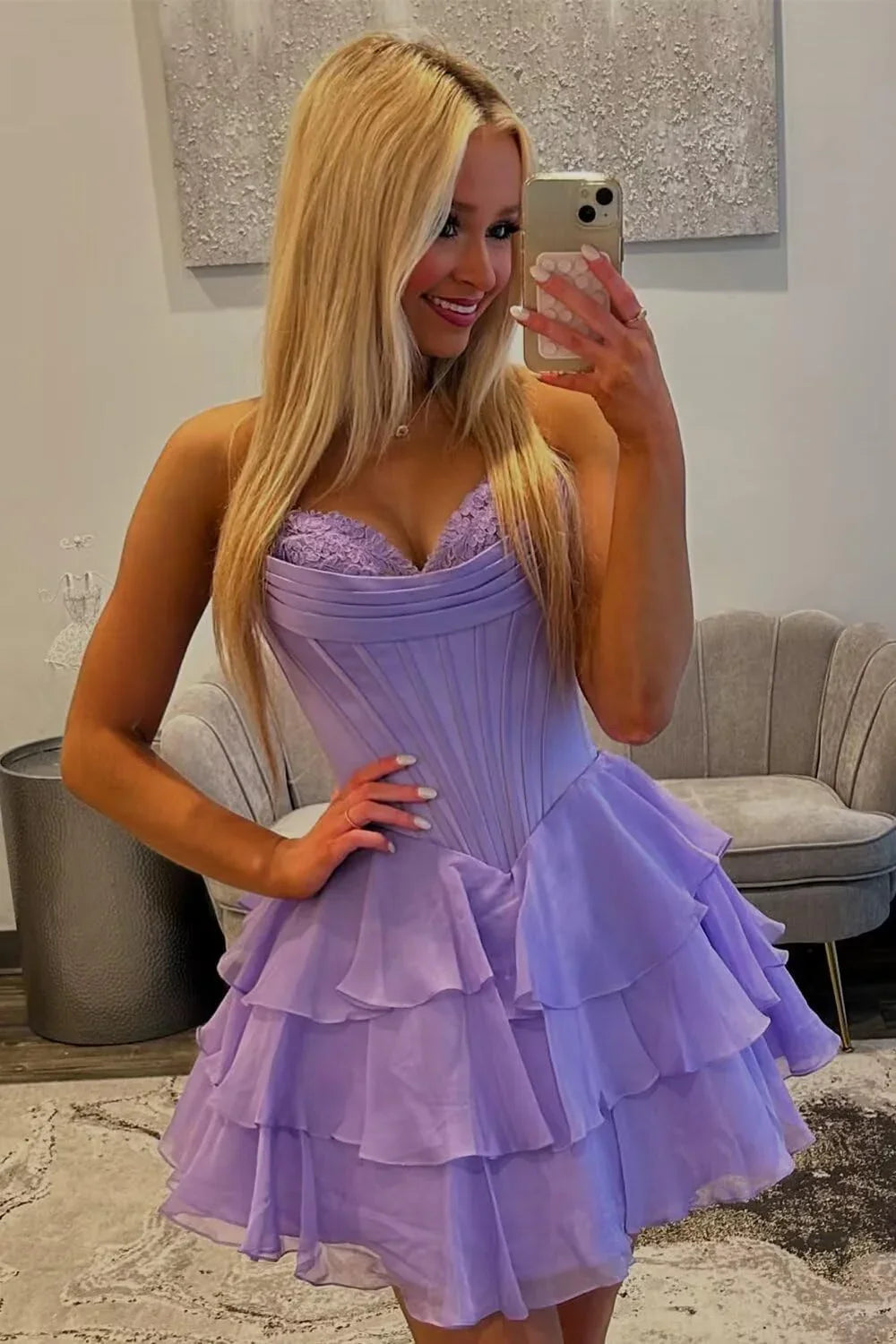 Corset Tiered A Line Homecoming Dresses Chiffon Short Cocktail Dresses
