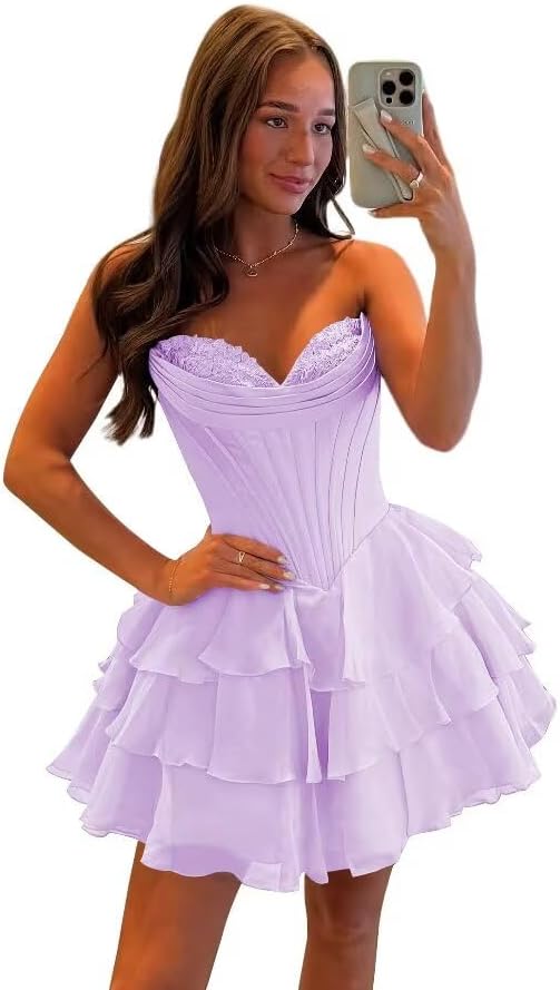 Corset Tiered A Line Homecoming Dresses Chiffon Short Cocktail Dresses