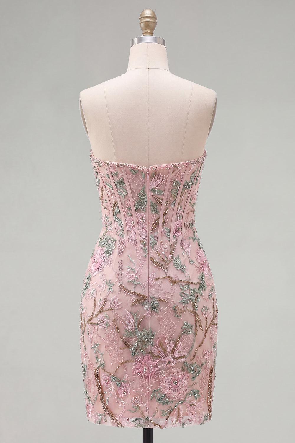 Corset Tight Short Sparkly Beaded Pink Floral Homecoming Dress