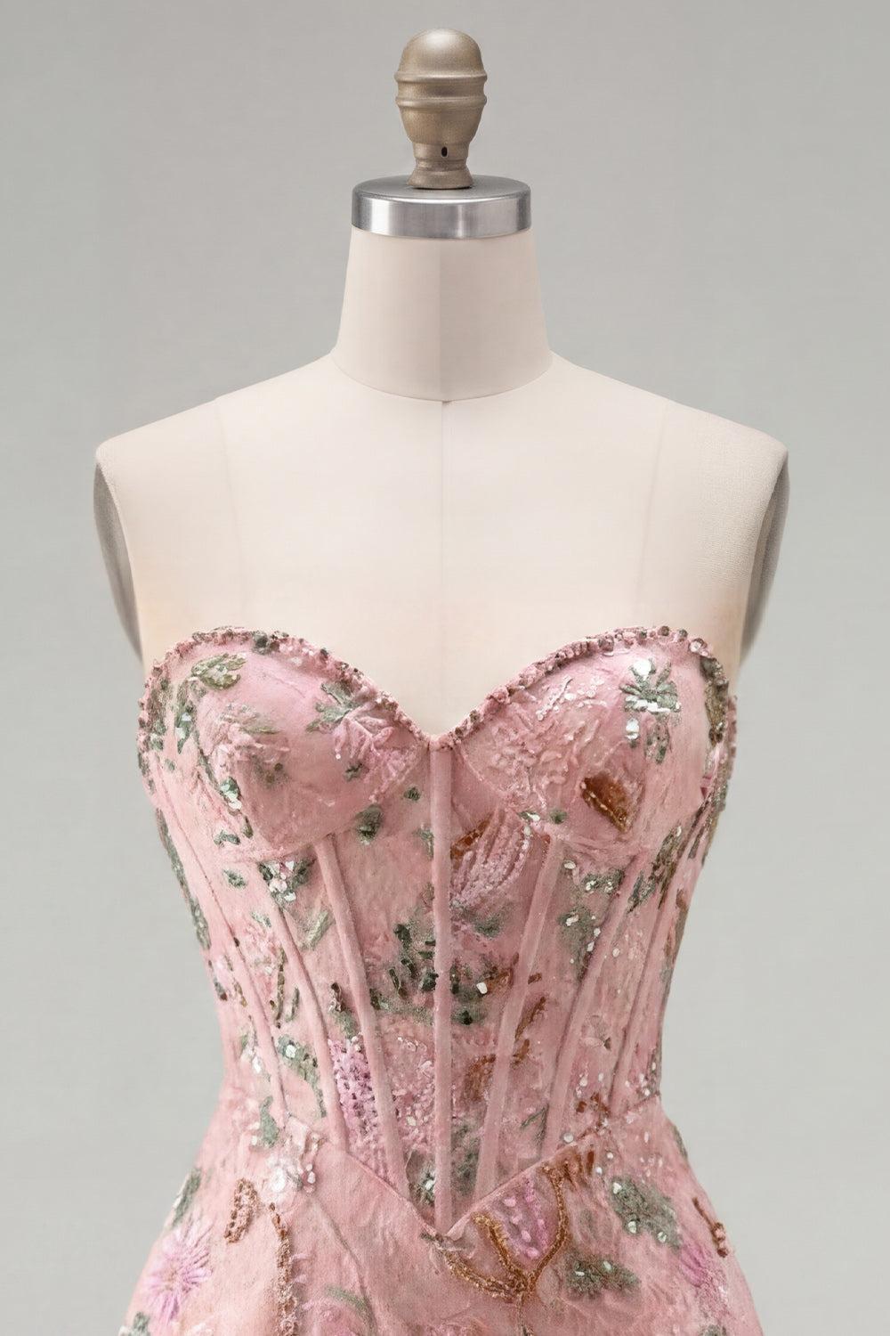 Corset Tight Short Sparkly Beaded Pink Floral Homecoming Dress