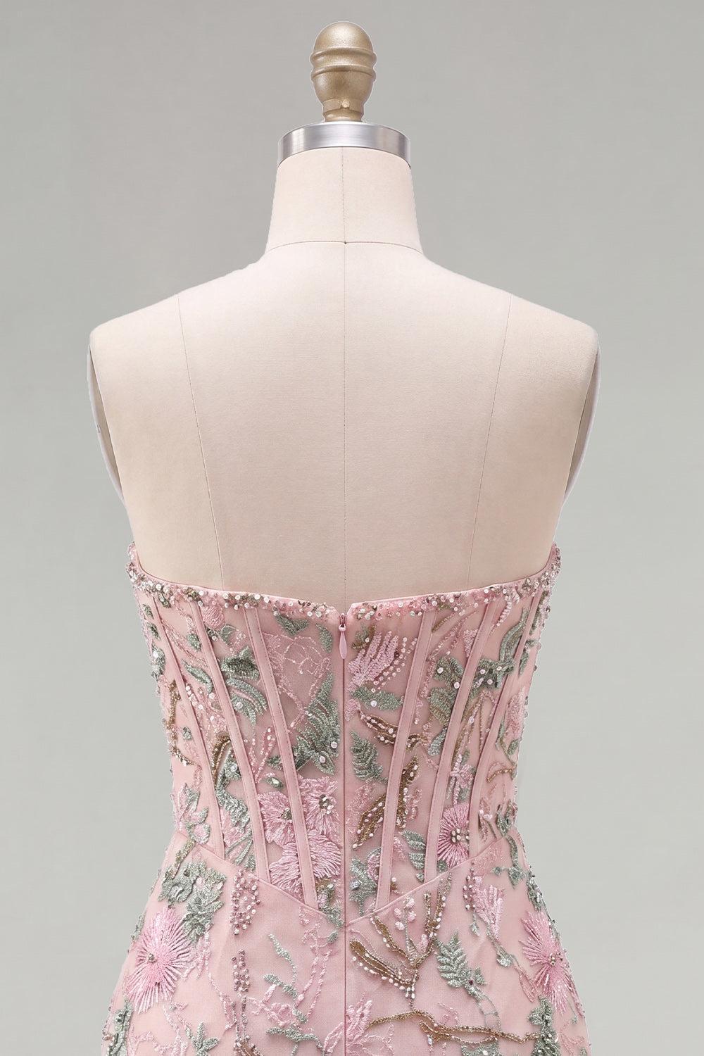Corset Tight Short Sparkly Beaded Pink Floral Homecoming Dress