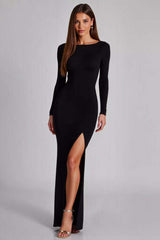 Cut Out Jersey Black Wedding Guest Dress Long Sleeves Formal Dress With Slit