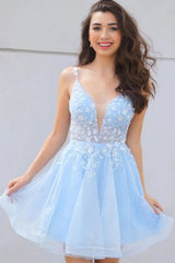 Cute A Line Deep V Neck Light Blue Homecoming Dress Cocktail Party Dresses with Appliques