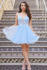 Cute A Line Deep V Neck Light Blue Homecoming Dress Prom Dress with Appliques