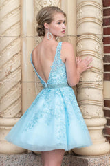 Cute A Line Deep V Neck Light Blue Homecoming Dress Short Prom Dress with Appliques