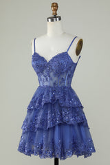 Cute A Line Spaghetti Straps Dark Blue Homecoming Dress Corset Prom Dress