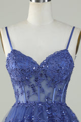 Cute A Line Spaghetti Straps Dark Blue Homecoming Dress Corset Prom Dress
