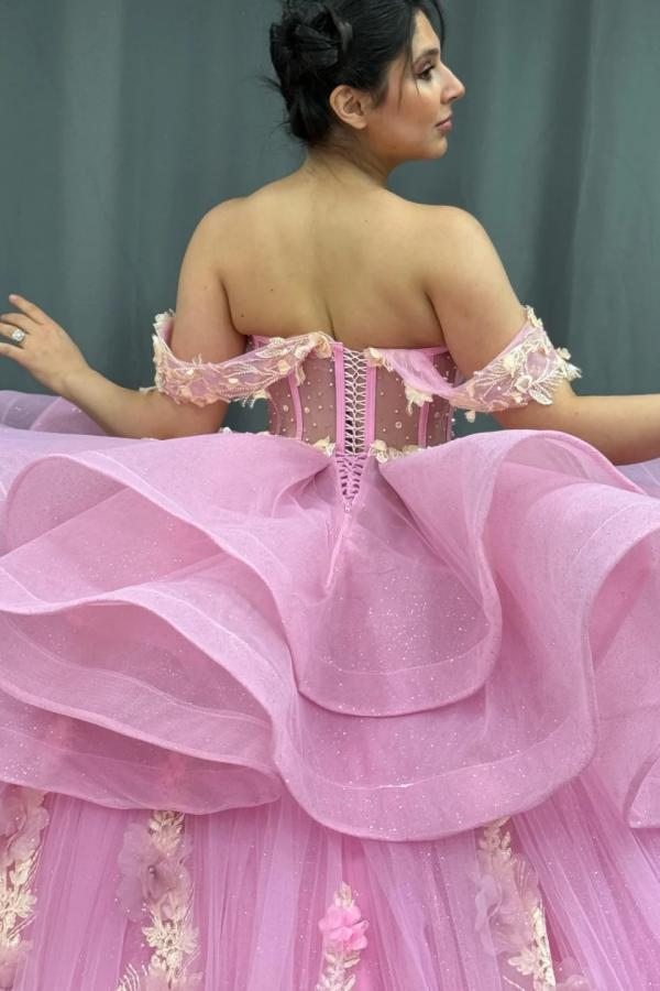 Cute Ball Gown Off Shoulder Beaded Pleated Gold Appliques Detachable Ruffles 3D Flower Sparkly Pink Tulle Quinceanera Dress Birthday Party Formal Dress For Sweet 16
