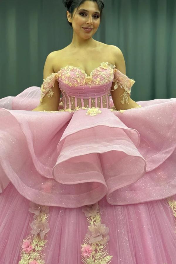 Cute Ball Gown Off Shoulder Beaded Pleated Gold Appliques Detachable Ruffles 3D Flower Sparkly Pink Tulle Quinceanera Dress Birthday Party Formal Dress For Sweet 16