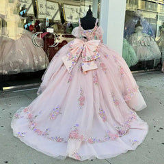 Cute Ball Gown V Neck Spaghetti Straps Puff Sleeves Floral Lace Appliques Beaded Tiered Ruffles Bow Knot Pink Tulle Quinceanera Dress For Sweet 16