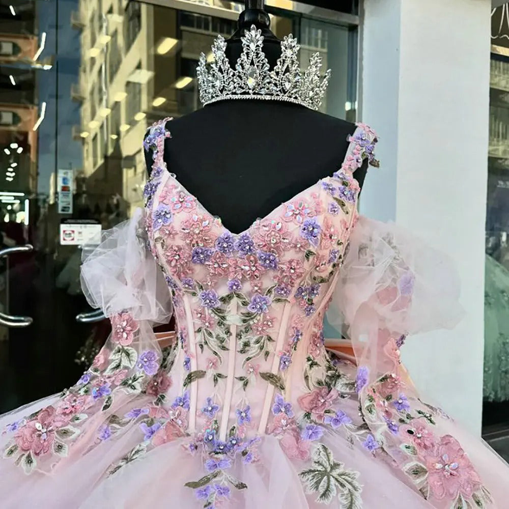 Cute Ball Gown V Neck Spaghetti Straps Puff Sleeves Floral Lace Appliques Beaded Tiered Ruffles Bow Knot Pink Tulle Quinceanera Dress For Sweet 16