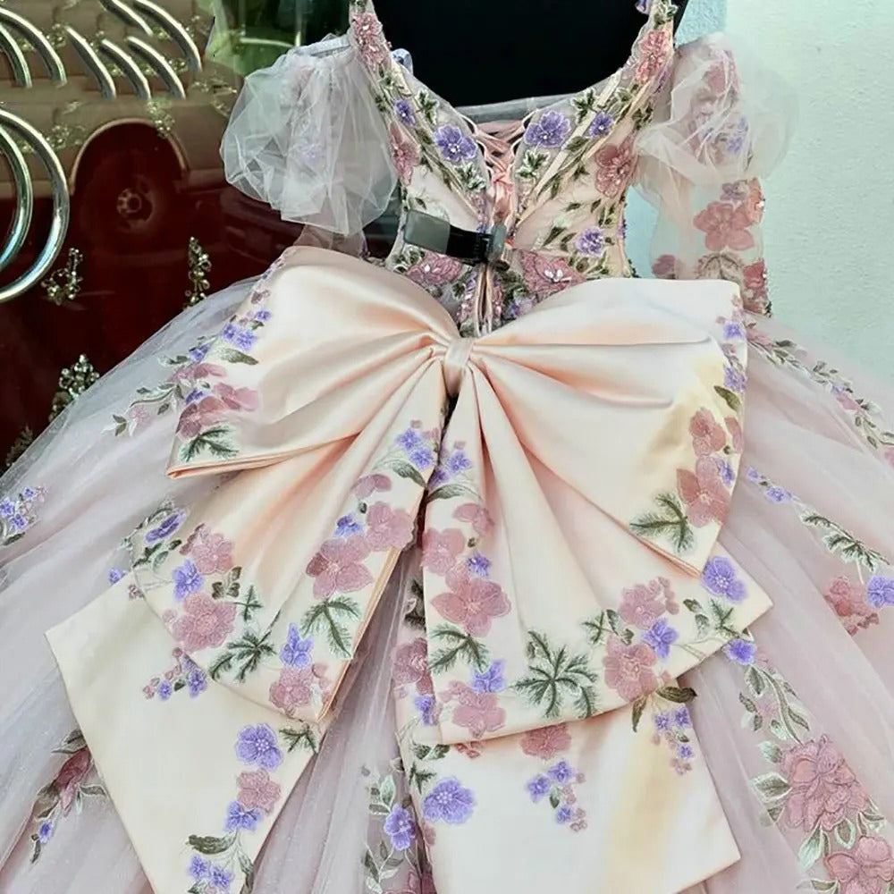 Cute Ball Gown V Neck Spaghetti Straps Puff Sleeves Floral Lace Appliques Beaded Tiered Ruffles Bow Knot Pink Tulle Quinceanera Dress For Sweet 16