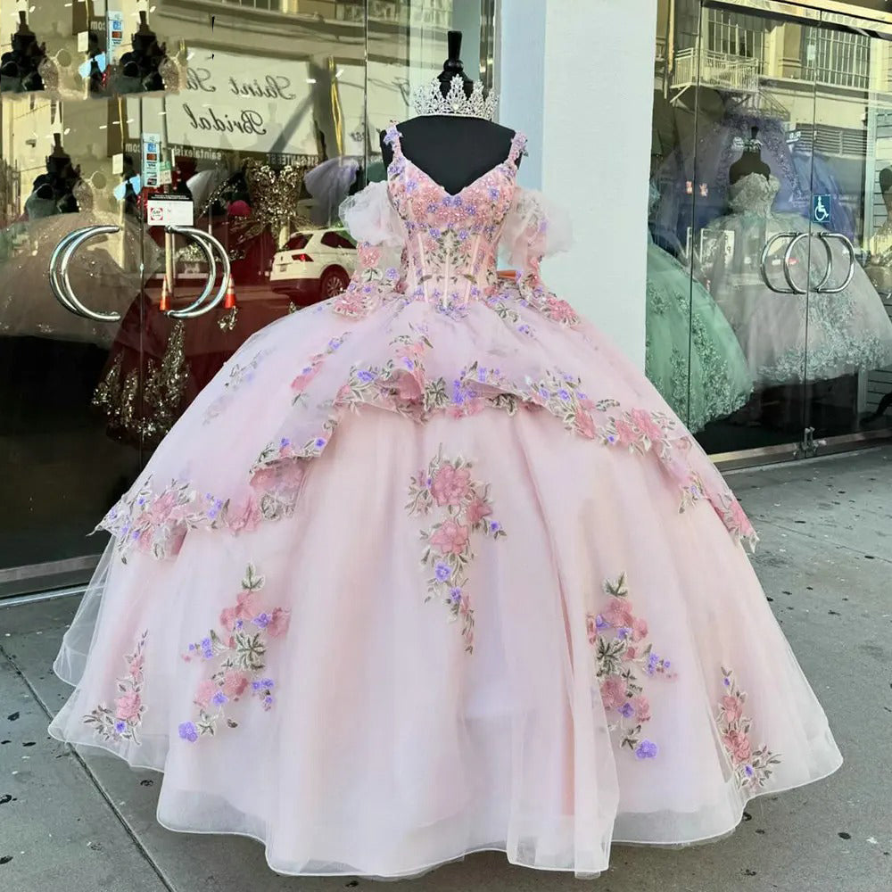 Cute Ball Gown V Neck Spaghetti Straps Puff Sleeves Floral Lace Appliques Beaded Tiered Ruffles Bow Knot Pink Tulle Quinceanera Dress For Sweet 16