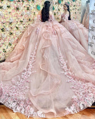 Cute & Chic Ball Gown Off Shoulder Lace Appliques Pink Tulle Princess Birthday Party Gown Quinceanera Dress For Sweet 16