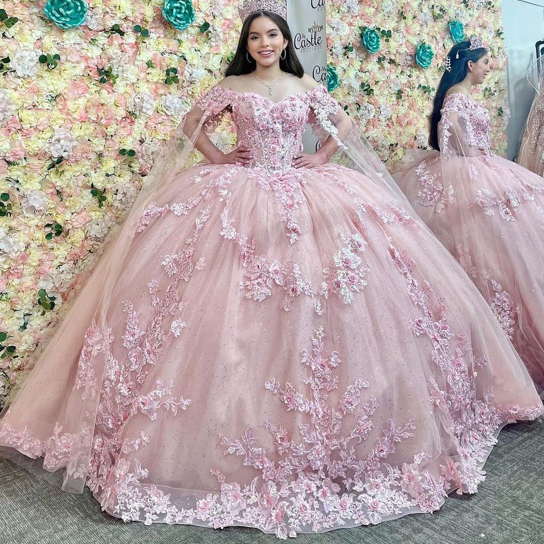 Cute & Chic Ball Gown Off Shoulder Lace Appliques Pink Tulle Princess Birthday Party Gown Quinceanera Dress For Sweet 16