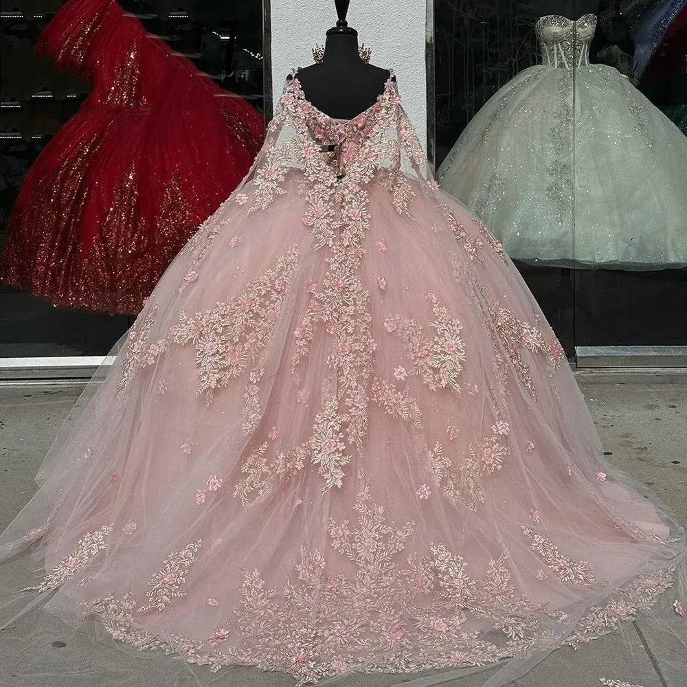 Cute & Chic Ball Gown Off Shoulder Long Sleeves 3D Flowers Lace Appliques Beaded Pink Tulle Quinceanera Dress Princess Evening Party Dress For Sweet 16