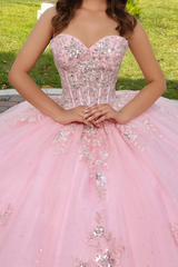 Cute & Chic Ball Gown Off Shoulder Sleeveless Beaded Sequins Appliques Pink Tulle Quinceanera Dress Birthday Party Dress For Sweet 16