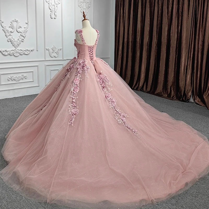 Cute & Chic Ball Gown Off Shoulder Straps 3D Flower Lace Appliques Rose Pink Tulle Quinceanera Dress For Sweet 16