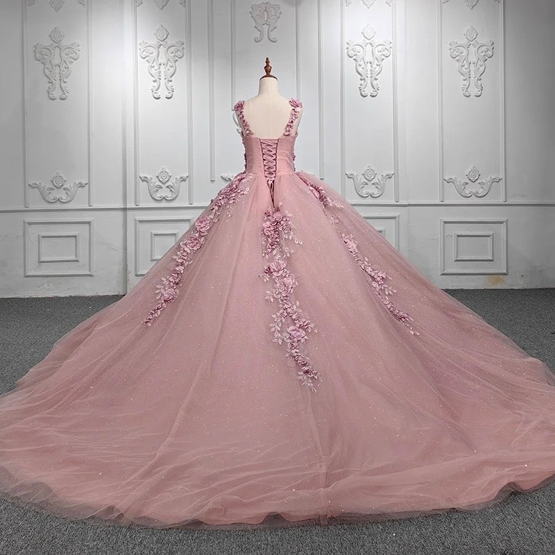 Cute & Chic Ball Gown Off Shoulder Straps 3D Flower Lace Appliques Rose Pink Tulle Quinceanera Dress For Sweet 16