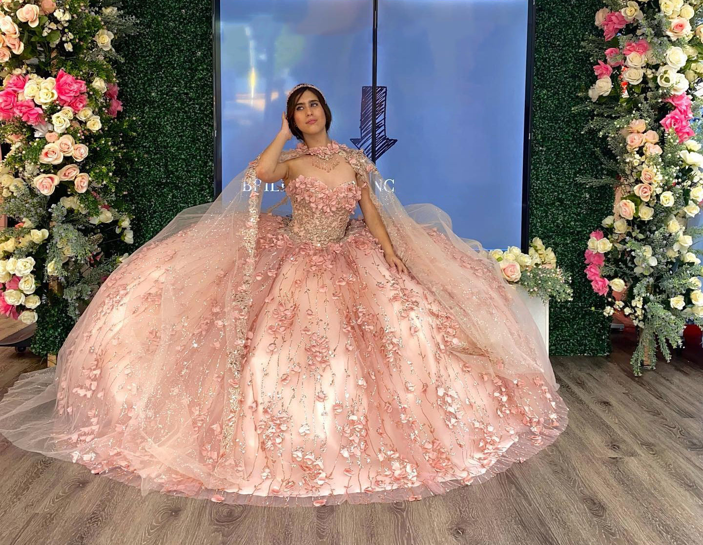 Cute & Chic Ball Gown Strapless Cape 3D Floral Appliques Beaded Rose Pink Tulle Quinceanera Dress For Sweet 16