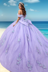 Cute & Glitter Ball Gown Off Shoulder Sleeveless Appliques Bow Knot Purple Tulle Formal Evening Party Dress Quinceanera Dress For Sweet 16