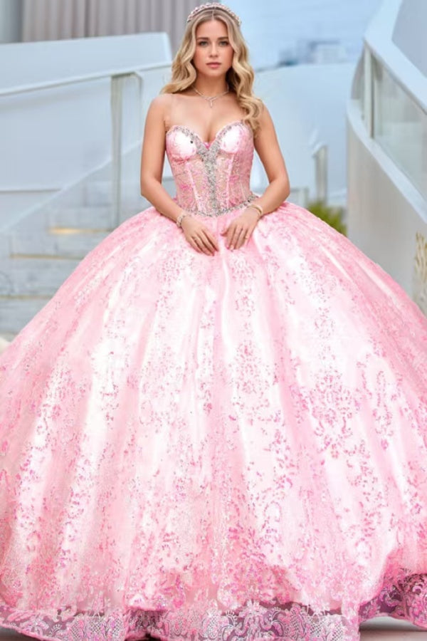 Cute & Modern Ball Gown Sweetheart Neck Sleeveless Beaded Sequins Appliques Pink Tulle Quinceanera Dress Birthday Party Dress For Sweet 16
