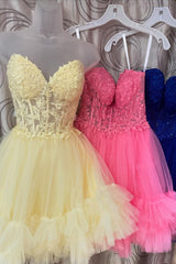 Cute Pink Homecoming Dress Strapless Corset A Line Tiered Short Prom Dress