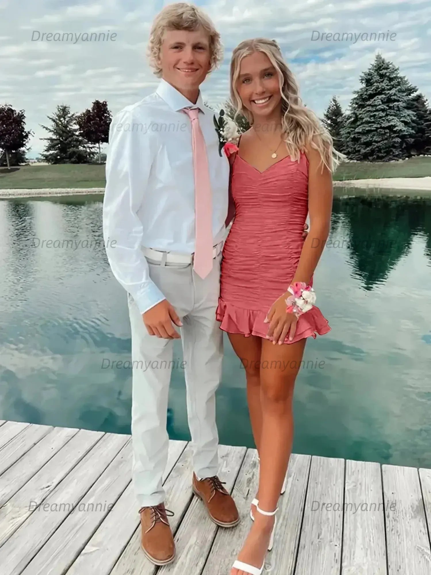 Cute Sheath Satin Short Homecoming Dress with Ruffles