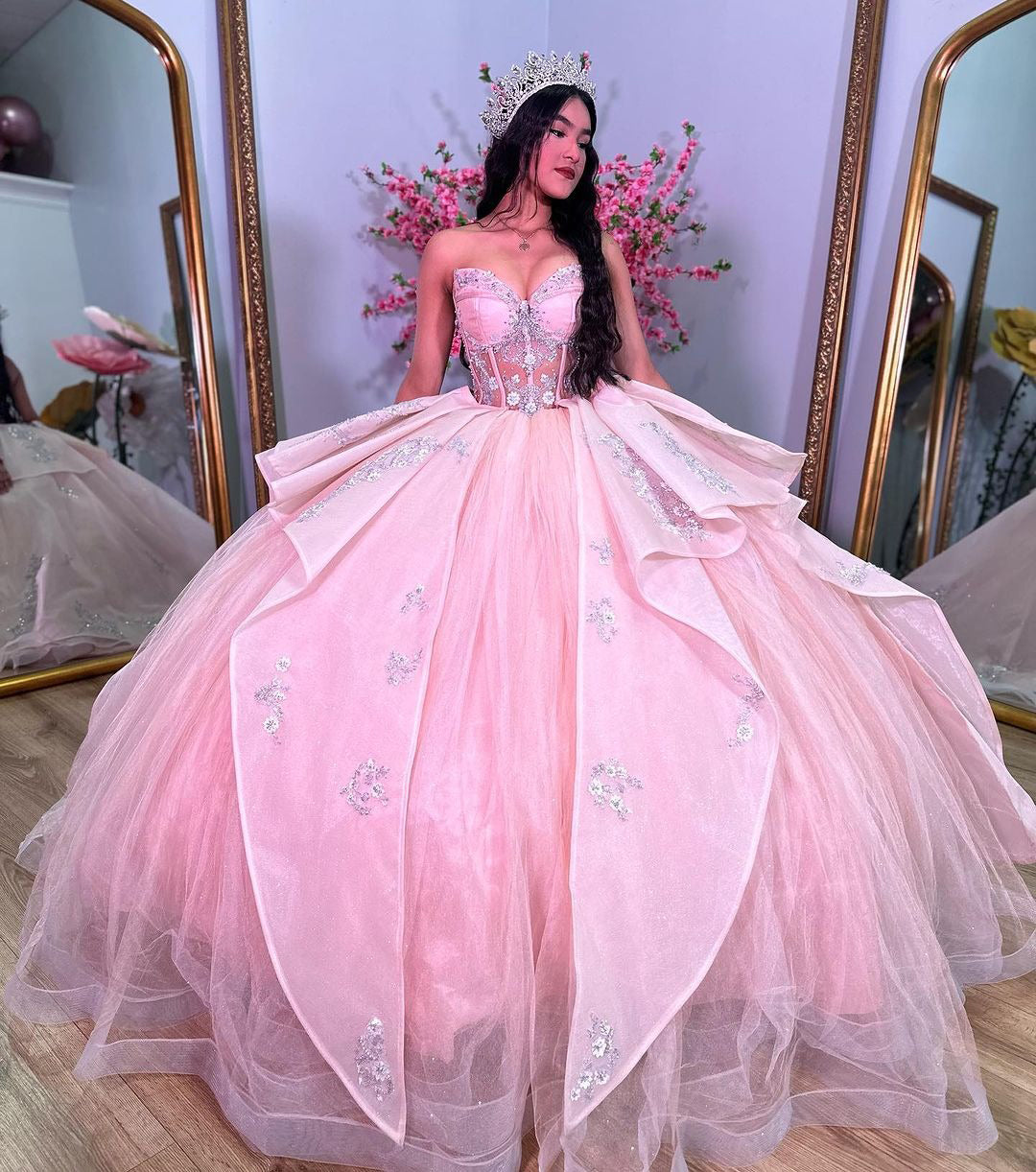 Cute & Sweet Ball Gown Sweetheart Neck Lace Flower Appliques Tiered Ruffles Pink Tulle Princess Quinceanera Dress Formal Evening Dress For Sweet 16