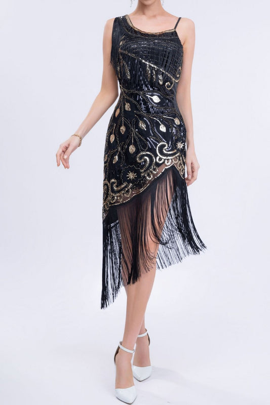 Black 1920s Dress Asymmetric Sequin Fringe Gatsby Dress