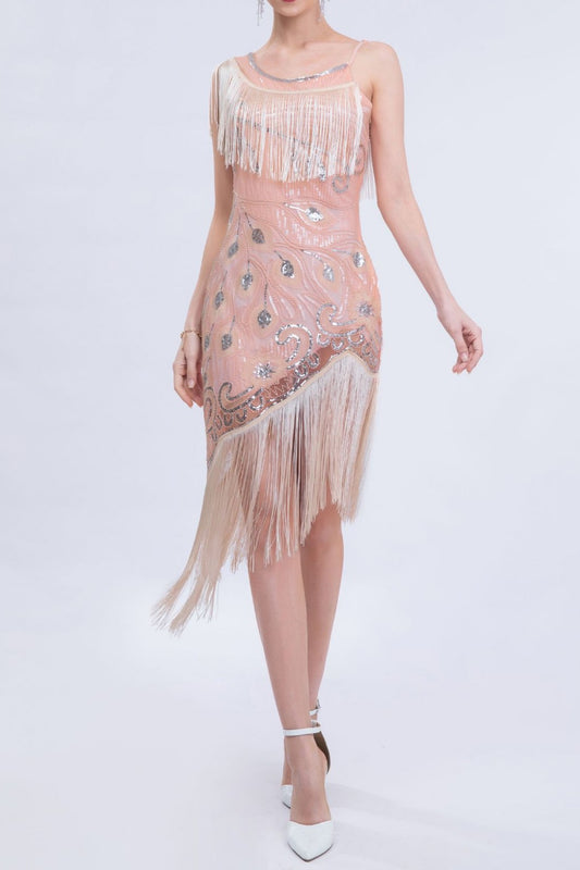 Pink 1920s Dress Asymmetric Sequin Fringe Gatsby Dress