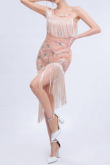 Pink 1920s Dress Asymmetric Sequin Fringe Gatsby Dress