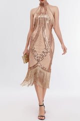 Black Gold 1920s Dress Keyhole Sequin Fringe Gatsby Dress