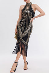 Black 1920s Dress Keyhole Sequin Fringe Gatsby Dress