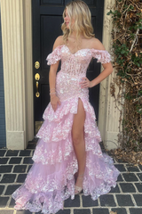 Off the Shoulder Mermaid Prom Dress Tiered Formal Dress Sequined Tulle Lace Evening Dress