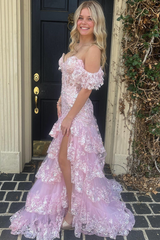 Off the Shoulder Mermaid Prom Dress Tiered Formal Dress Sequined Tulle Lace Evening Dress