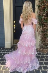 Off the Shoulder Mermaid Prom Dress Tiered Formal Dress Sequined Tulle Lace Evening Dress