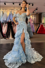 Off the Shoulder Mermaid Prom Dress Tiered Formal Dress Sequined Tulle Lace Evening Dress