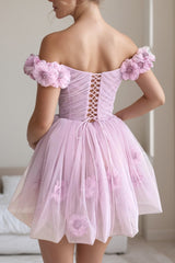 Pink Homecoming Dress Off the Shoulder 3D Flowers Tulle Party Dress