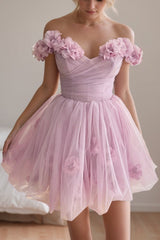 Pink Homecoming Dress Off the Shoulder 3D Flowers Tulle Party Dress