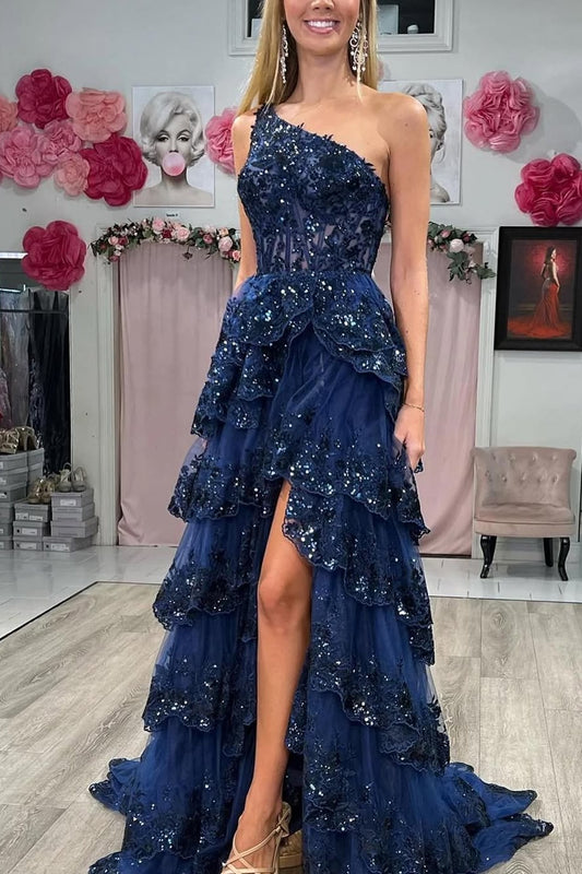 One Shoulder A Line Prom Dress Tiered Formal Dress Sequined Tulle Lace Evening Dress