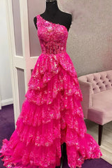 One Shoulder A Line Prom Dress Tiered Formal Dress Sequined Tulle Lace Evening Dress