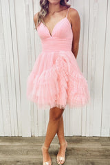 Pink Homecoming Dress Spaghetti Straps Tulle Short Party Dress