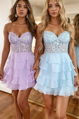 Baby Blue Corset Chiffon Short Homecoming Dress with Appliques